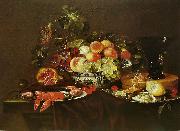 Crustaces, huitre et coupe de fruits avec un verre Joris van Son